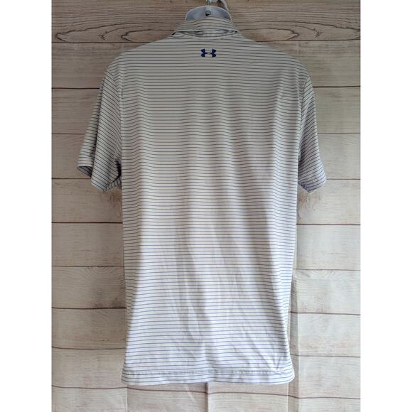Under Armour Shirt Mens Med White Blue Polo Stripe Loose Heat Gear Short Sleeve - Picture 2 of 5